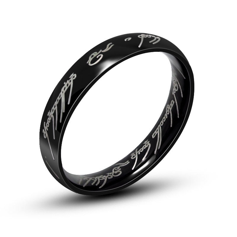 Personalized Gold-Plated Black Titanium Steel Couple Ring with Sanskrit Design for Men