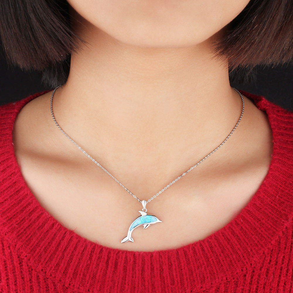 Blue Opal Dolphin Sterling Silver Necklace