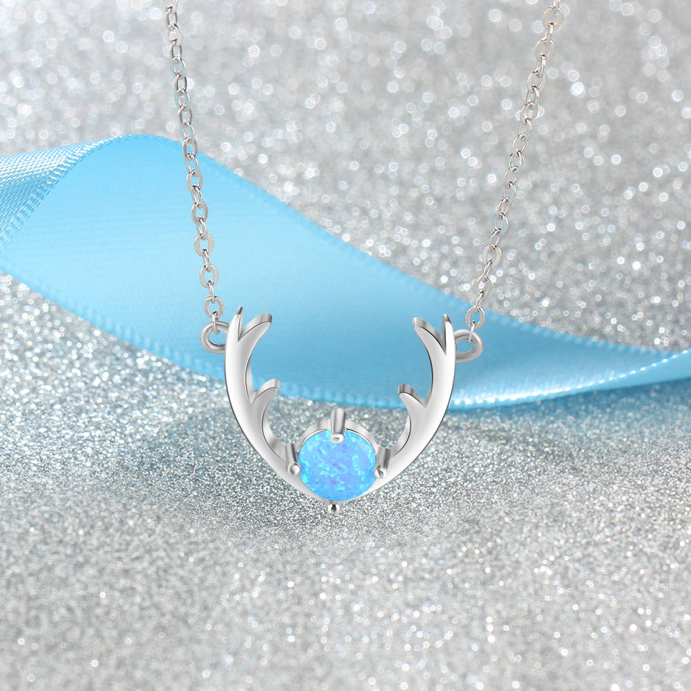 Round Blue Opal Elk Horn Sterling Silver Necklace