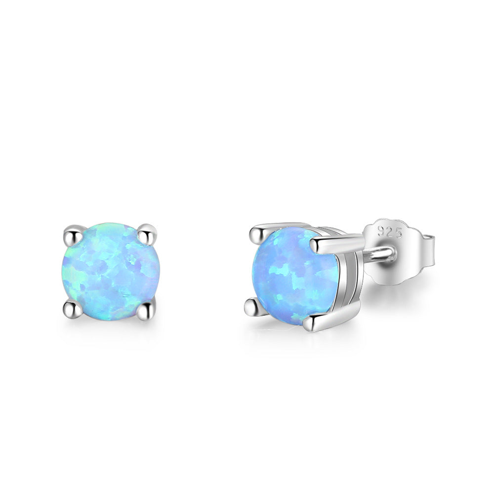 Four Prongs 6mm Blue Round Opal Sterling Silver Stud Earrings