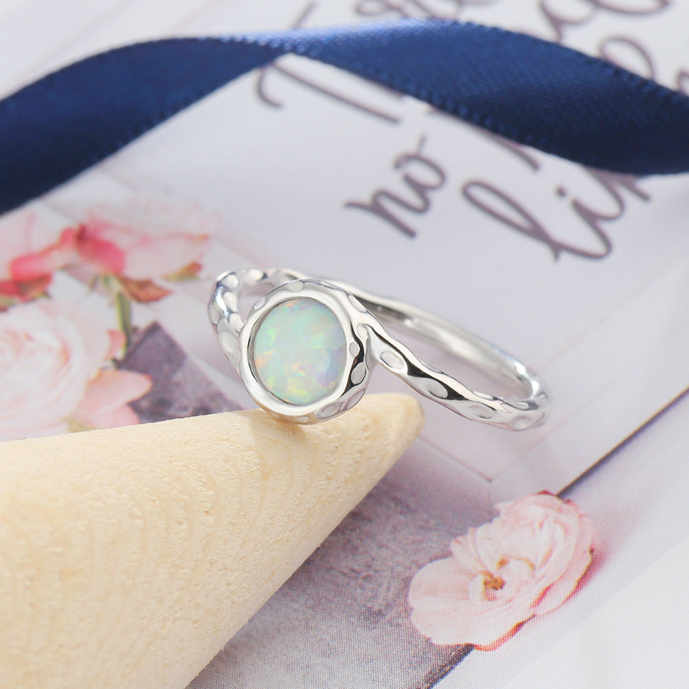 Round Opal Concave Convex Surface Sterling Silver Ring