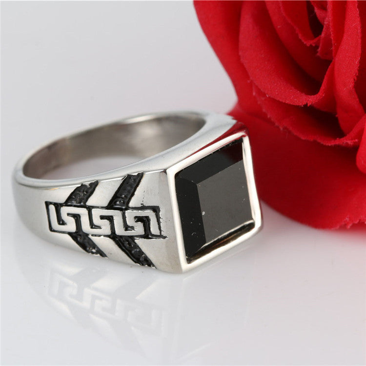 Titanium Steel Black Agate Great Wall Pattern Ring - Retro Punk Square Gemstone Ring for Men