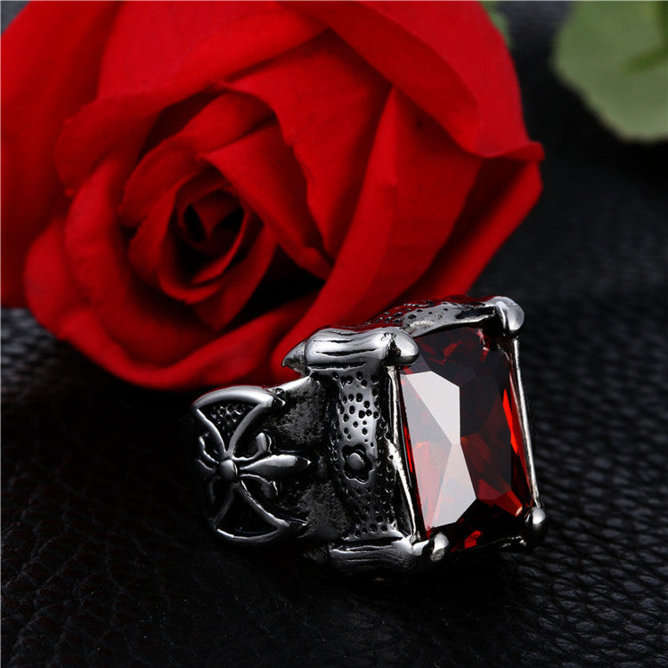 Unisex Vintage Punk Titanium Steel Ring with Red Zircon - Everyday Scout Flower Design