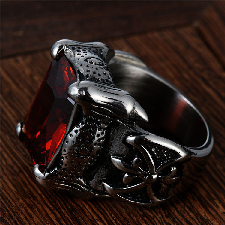 Unisex Vintage Punk Titanium Steel Ring with Red Zircon - Everyday Scout Flower Design