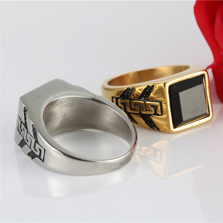 Titanium Steel Black Agate Great Wall Pattern Ring - Retro Punk Square Gemstone Ring for Men