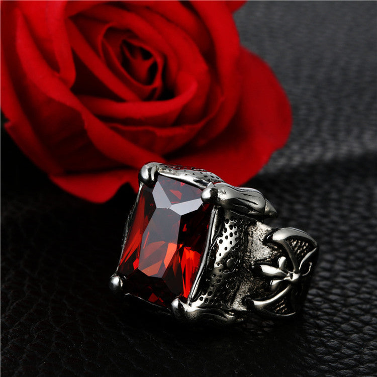 Unisex Vintage Punk Titanium Steel Ring with Red Zircon - Everyday Scout Flower Design