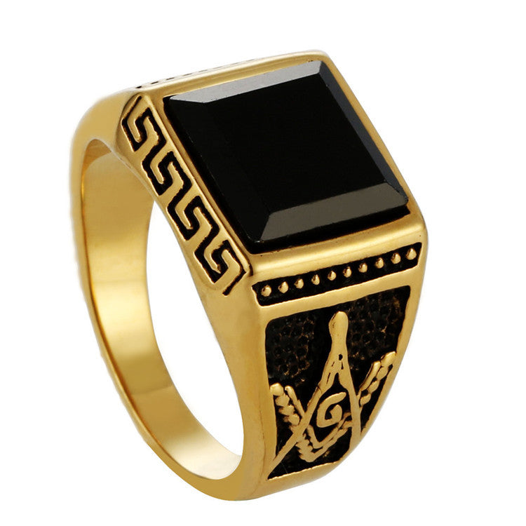 Masonic Vintage Titanium Steel Ring for Men with Black Agate and Great Wall Design