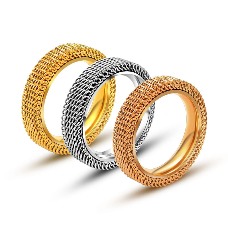 Three-Color Double-Layer Titanium Steel Mesh Ring for Men and Women - Classic Hollow Design