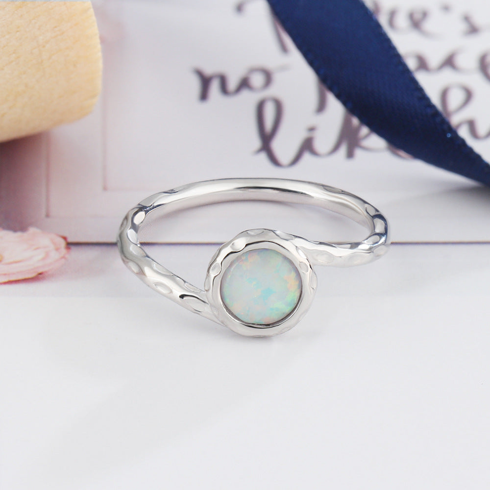 Round Opal Concave Convex Surface Sterling Silver Ring