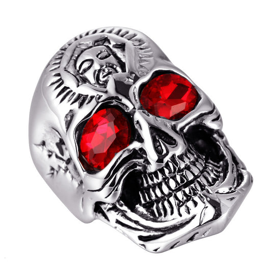 Bold Punk Skull Ring in Titanium Steel with Dazzling Red Eyes for Men