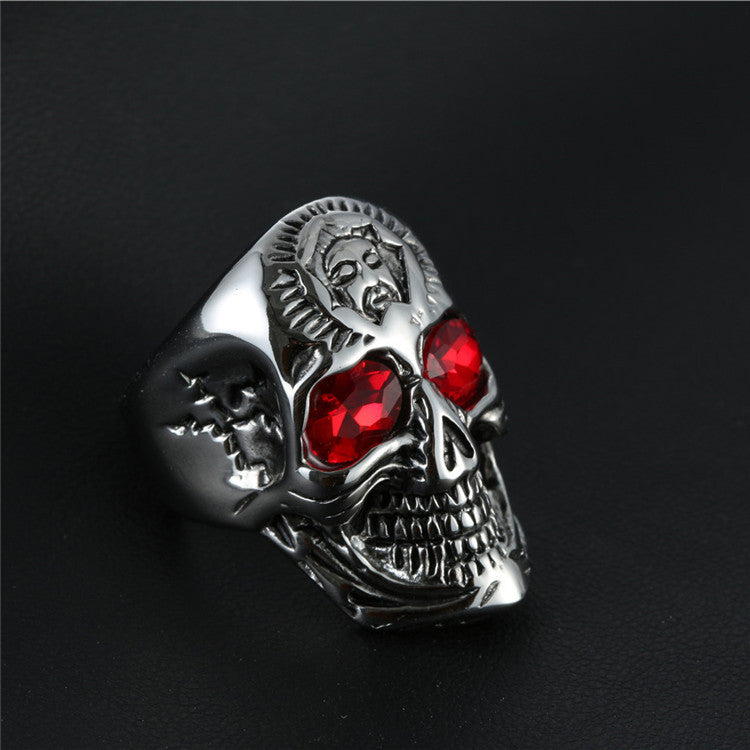 Bold Punk Skull Ring in Titanium Steel with Dazzling Red Eyes for Men