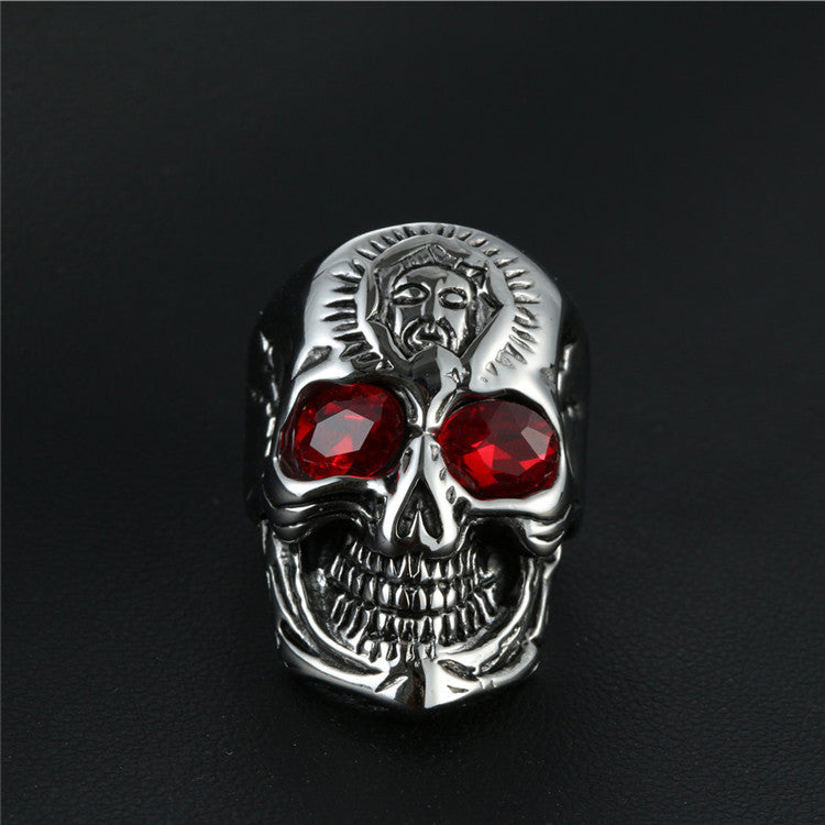 Bold Punk Skull Ring in Titanium Steel with Dazzling Red Eyes for Men