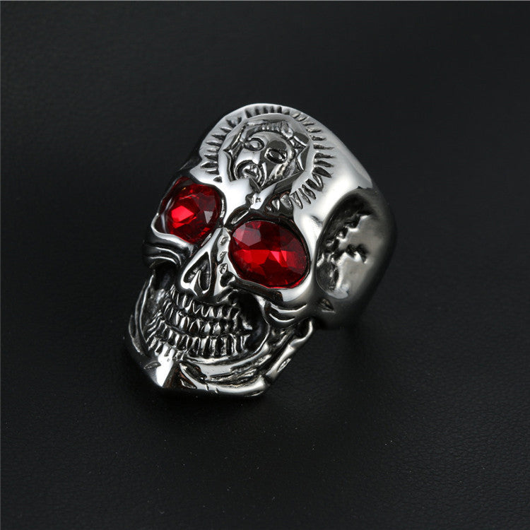 Bold Punk Skull Ring in Titanium Steel with Dazzling Red Eyes for Men