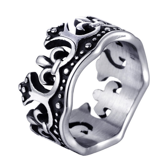 Modern Men's Titanium Steel Crown Ring - Sleek Silver and Black Design