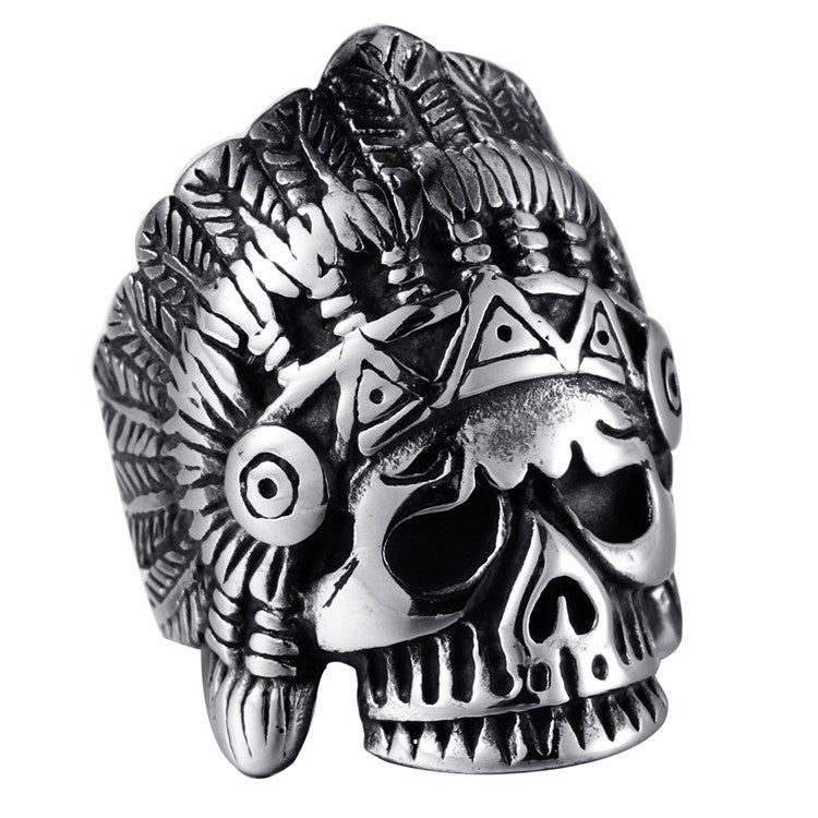 Titanium Steel Retro Punk Skull Ring for Men - Bold Indian Portrait Design