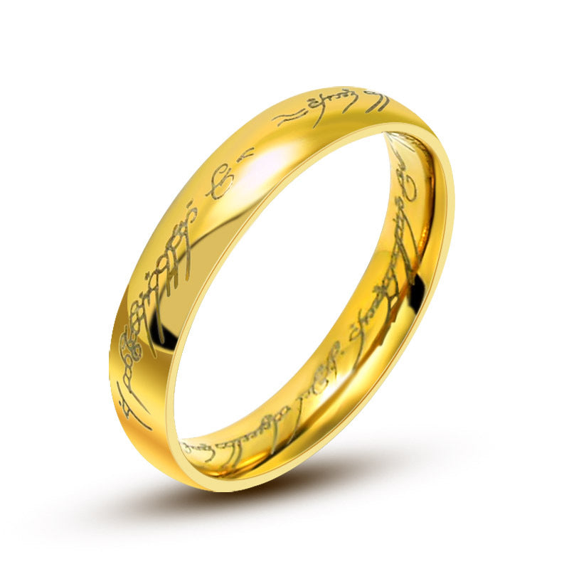 Personalized Gold-Plated Black Titanium Steel Couple Ring with Sanskrit Design for Men