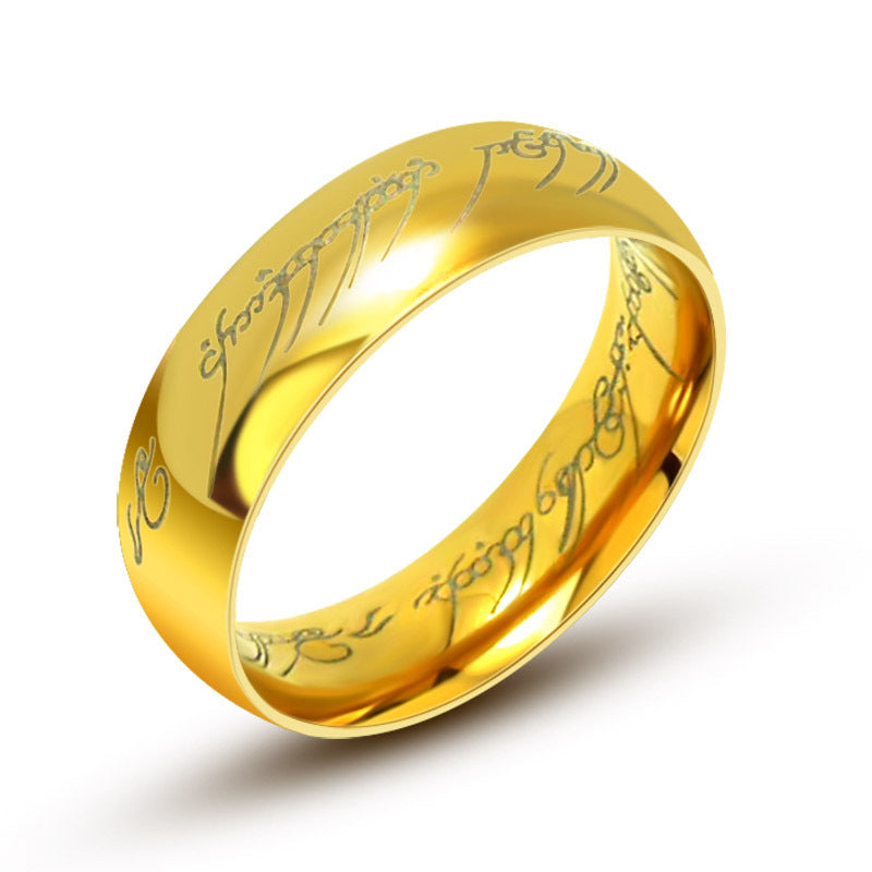 Personalized Gold-Plated Black Titanium Steel Couple Ring with Sanskrit Design for Men