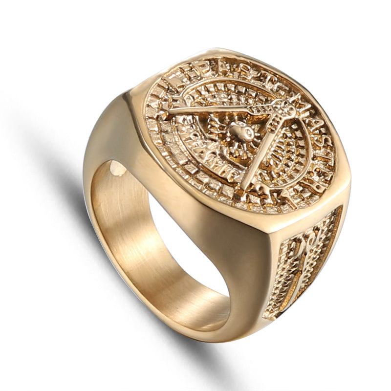 Retro Gold Masonic Titanium Steel Ring for Men - European and American Fashion Stainless Steel Design