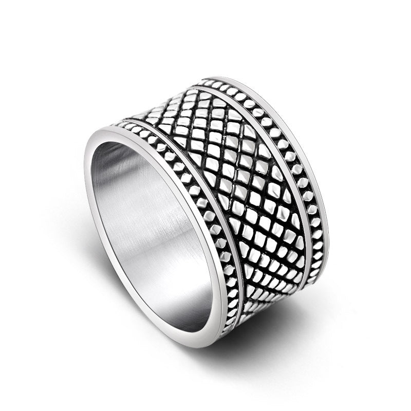 Retro Plaid Titanium Steel Ring for Men - Trendy Wide Version Finger Ring in Sizes 8-13