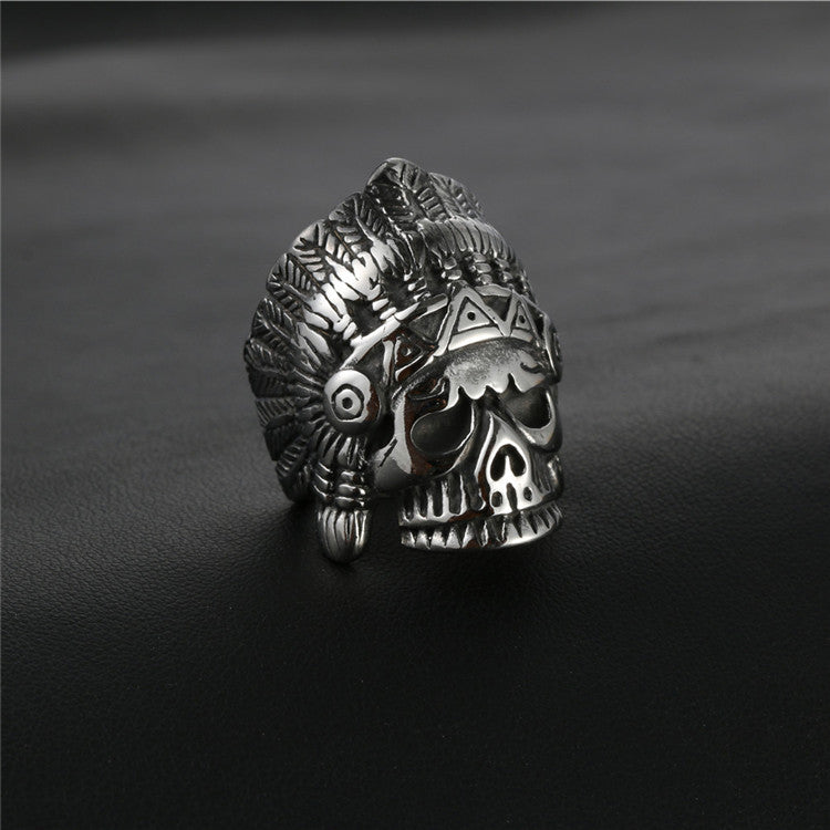 Titanium Steel Retro Punk Skull Ring for Men - Bold Indian Portrait Design