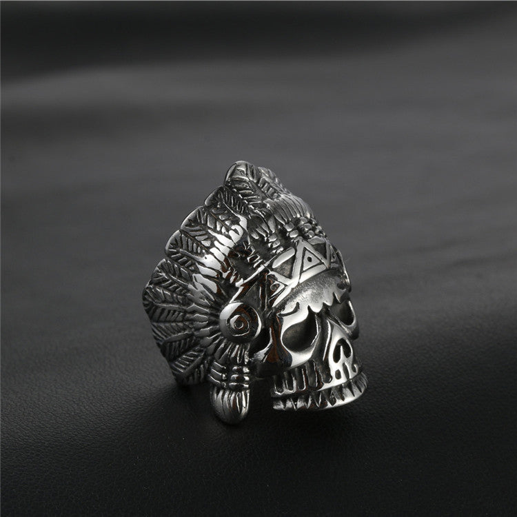 Titanium Steel Retro Punk Skull Ring for Men - Bold Indian Portrait Design