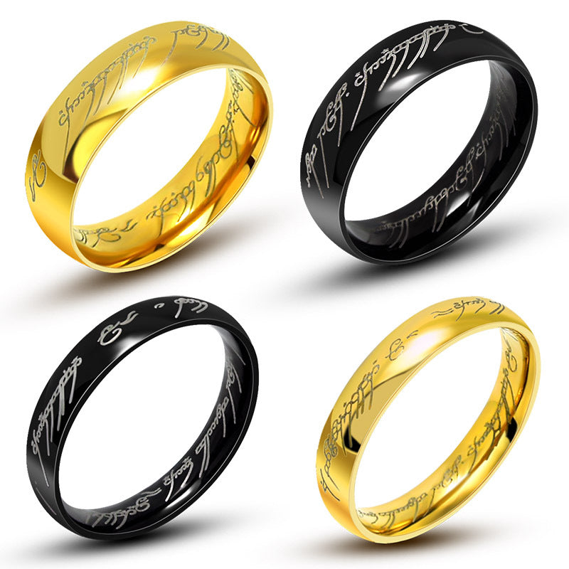 Personalized Gold-Plated Black Titanium Steel Couple Ring with Sanskrit Design for Men