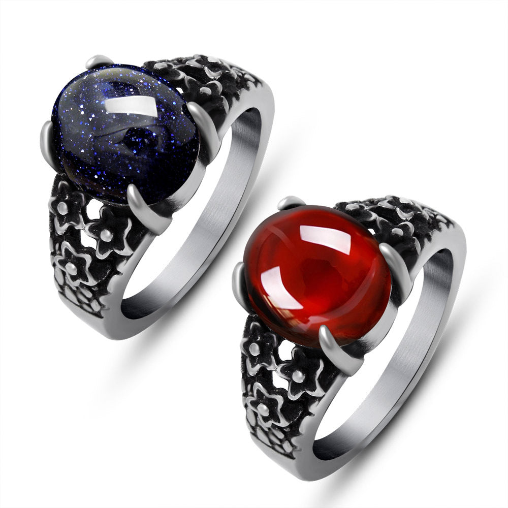 Retro Floral Stainless Steel Ring with Blue and Red Stones for Couples - Unique Men's Personality Ring