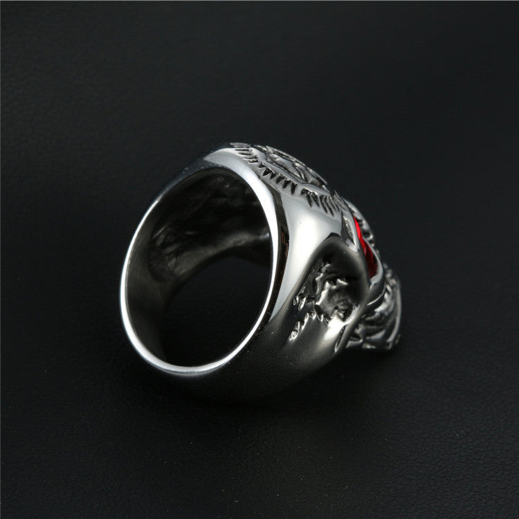 Bold Punk Skull Ring in Titanium Steel with Dazzling Red Eyes for Men