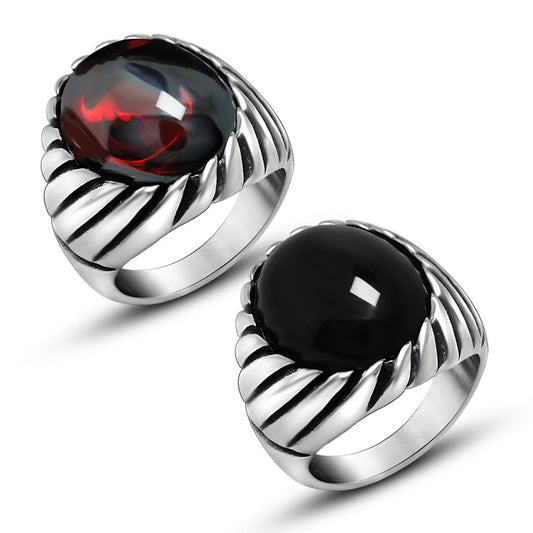 Trendy Men's Retro Red and Black Agate Titanium Steel Ring - Personalized Jewelry for Modern Men