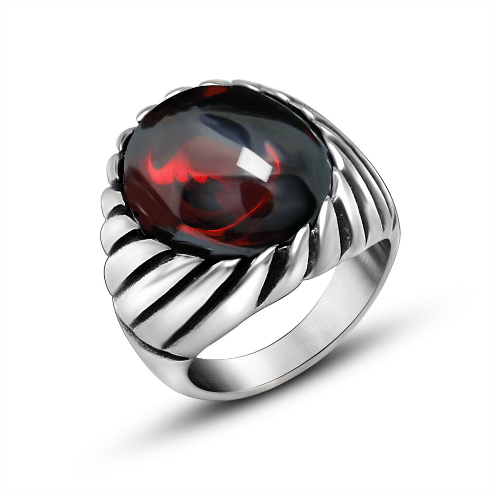 Trendy Men's Retro Red and Black Agate Titanium Steel Ring - Personalized Jewelry for Modern Men