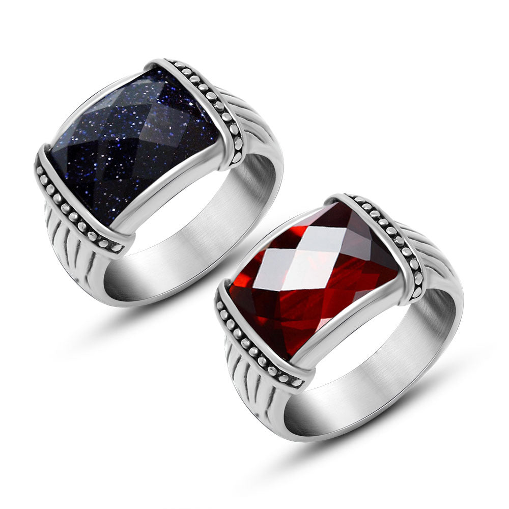 Trendy Titanium Steel Couples Ring with Stone Accents - Red Pomegranate & Blue Sandstone for Men and Women