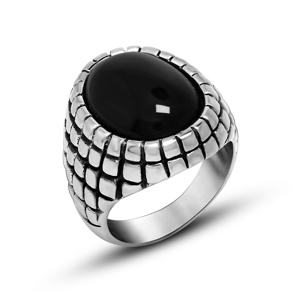 Trendy Retro Red and Black Agate Men's Ring - Personalized Titanium Steel Jewelry