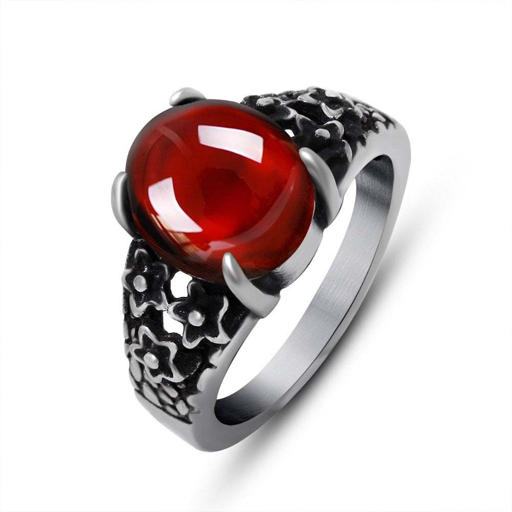 Retro Floral Stainless Steel Ring with Blue and Red Stones for Couples - Unique Men's Personality Ring