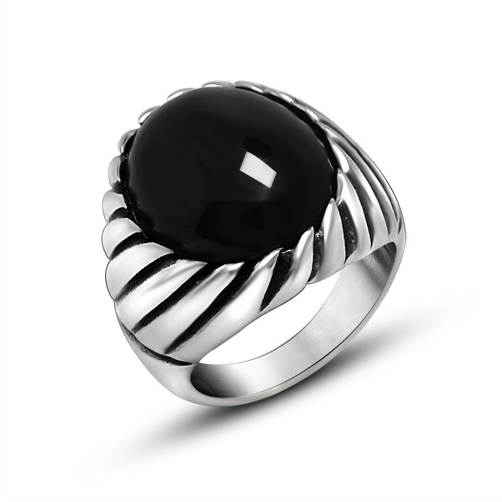 Trendy Men's Retro Red and Black Agate Titanium Steel Ring - Personalized Jewelry for Modern Men