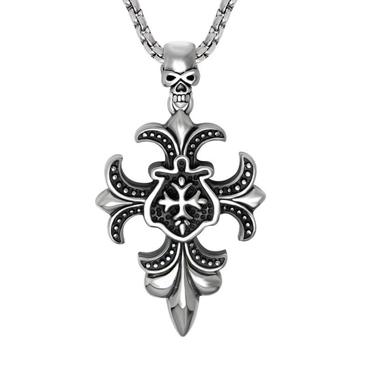 Titanium Steel Men’s Skull Pendant Necklace - Vintage Cross Design