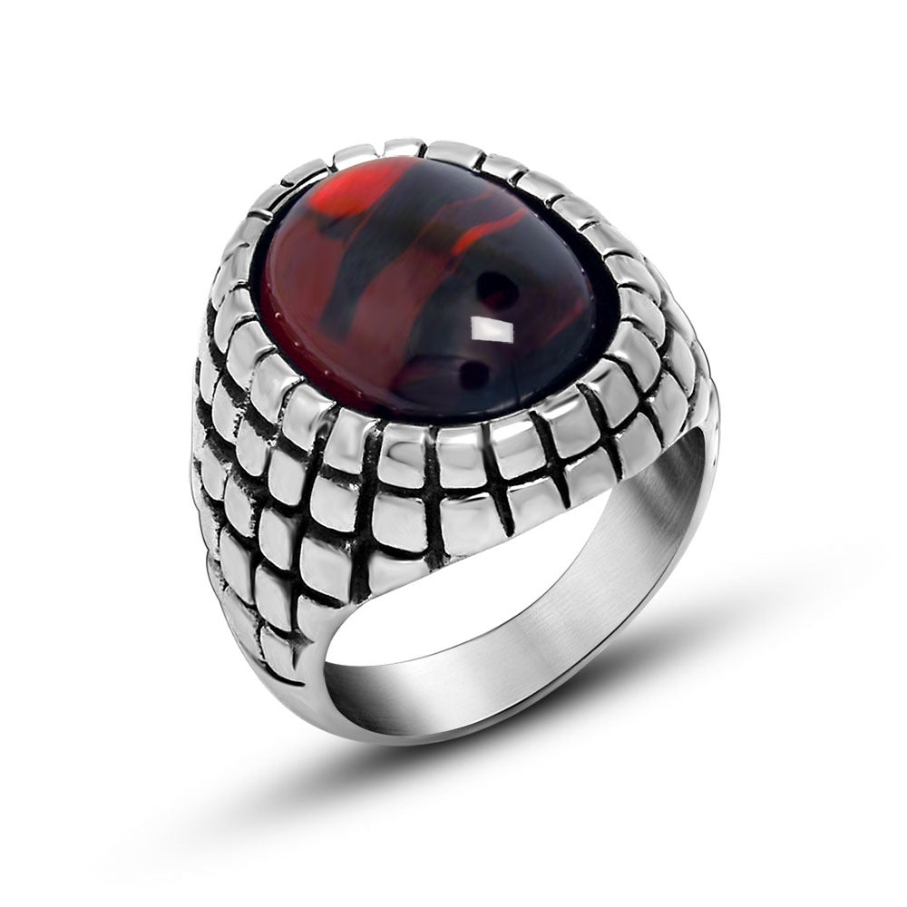 Trendy Retro Red and Black Agate Men's Ring - Personalized Titanium Steel Jewelry