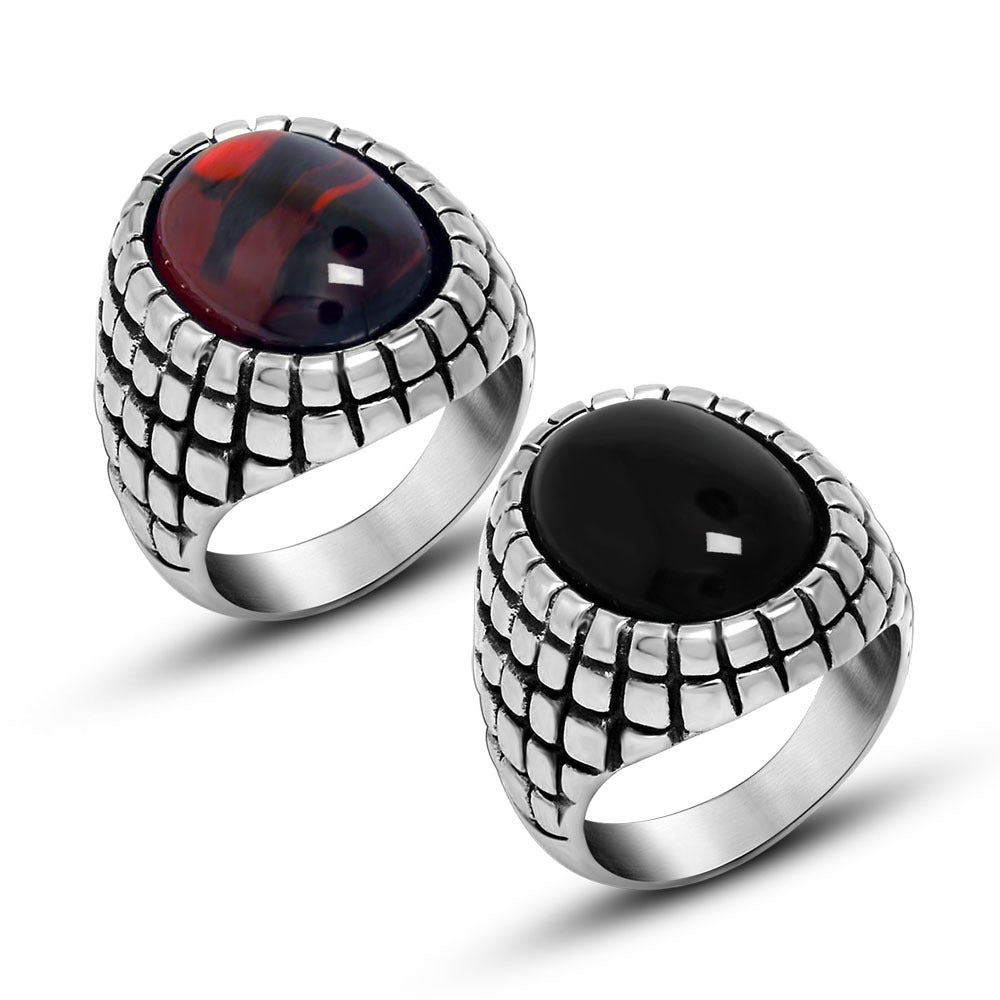 Trendy Retro Red and Black Agate Men's Ring - Personalized Titanium Steel Jewelry