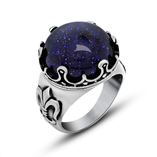 Customizable Titanium Steel Ring for Men with Dazzling Blue Sandstone