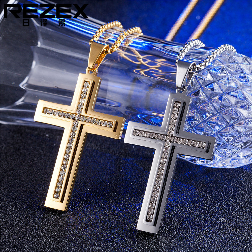 Zircon Latin Cross Titanium Steel Pendant for Men