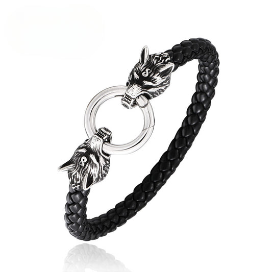 Viking Crow Emblem Leather Bracelet for Men - Retro Stainless Steel Design