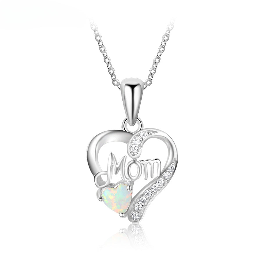 Heart Shap Opal Love Mom Zircon Sterling Silver Necklace