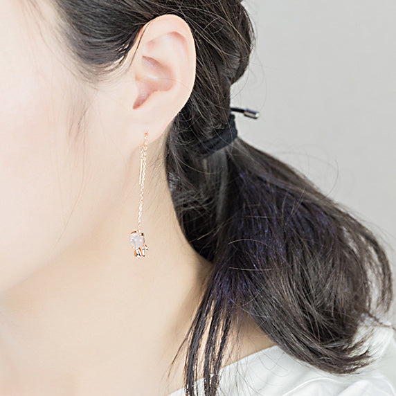 Pink Crystal Kitten and Fishbone Asymmetric Silver Ear Line Earrings