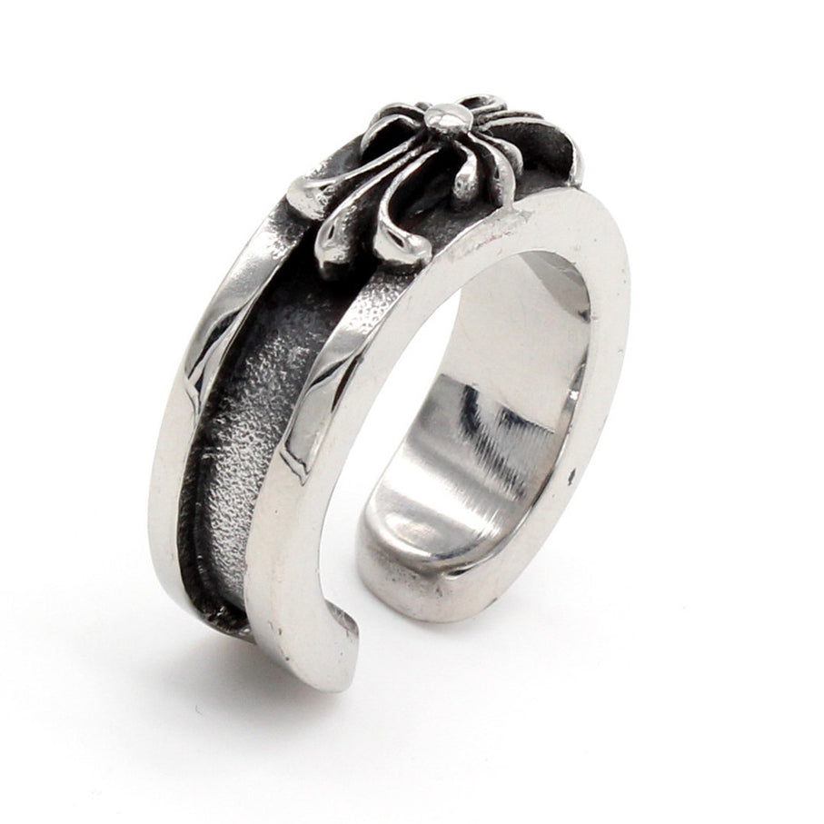 Cross Flower Grooved Opening Titanium Steel Ring for Men