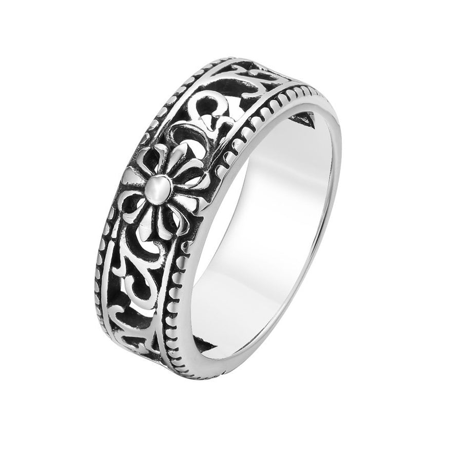 Hollow Carved Cross Flower Pattern Titanium Steel Ring for Men