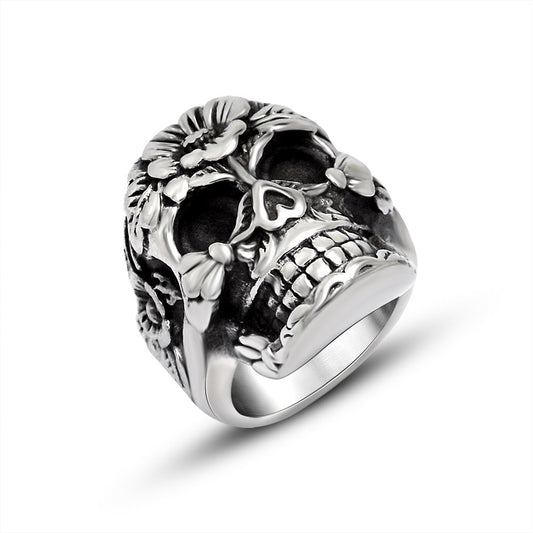 Trendy Floral and Grass Skull Ring for Men - European and American Wholesale Jewelry