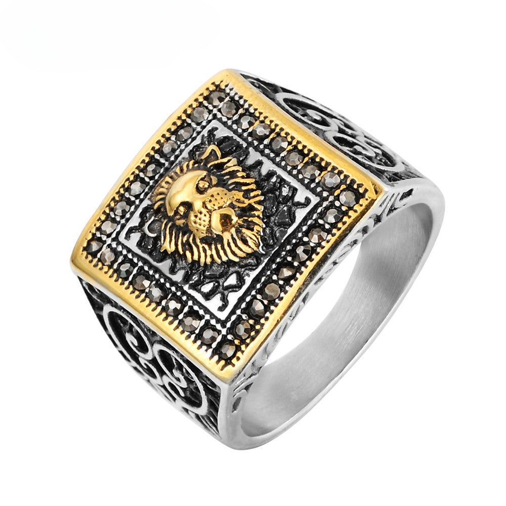 Lion Head Relief Square Surface Zircon Titanium Steel Ring for Men