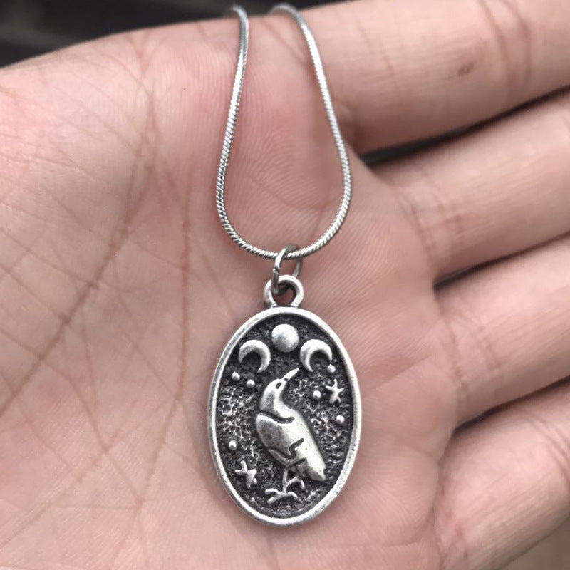 Viking Moon Pendant Necklace with Crow and Retro Bird Detail - Men's and Women's Fashion Jewelry