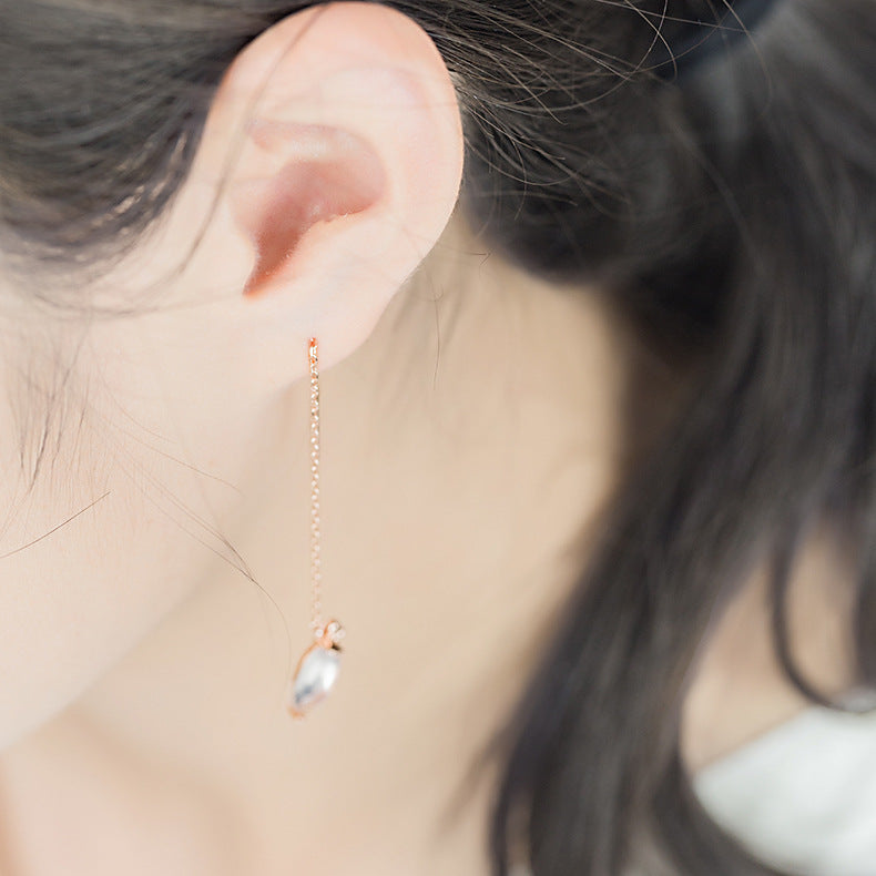 Pink Crystal Carrot and Bunny Asymmetrical Silver Ear Line Earrings