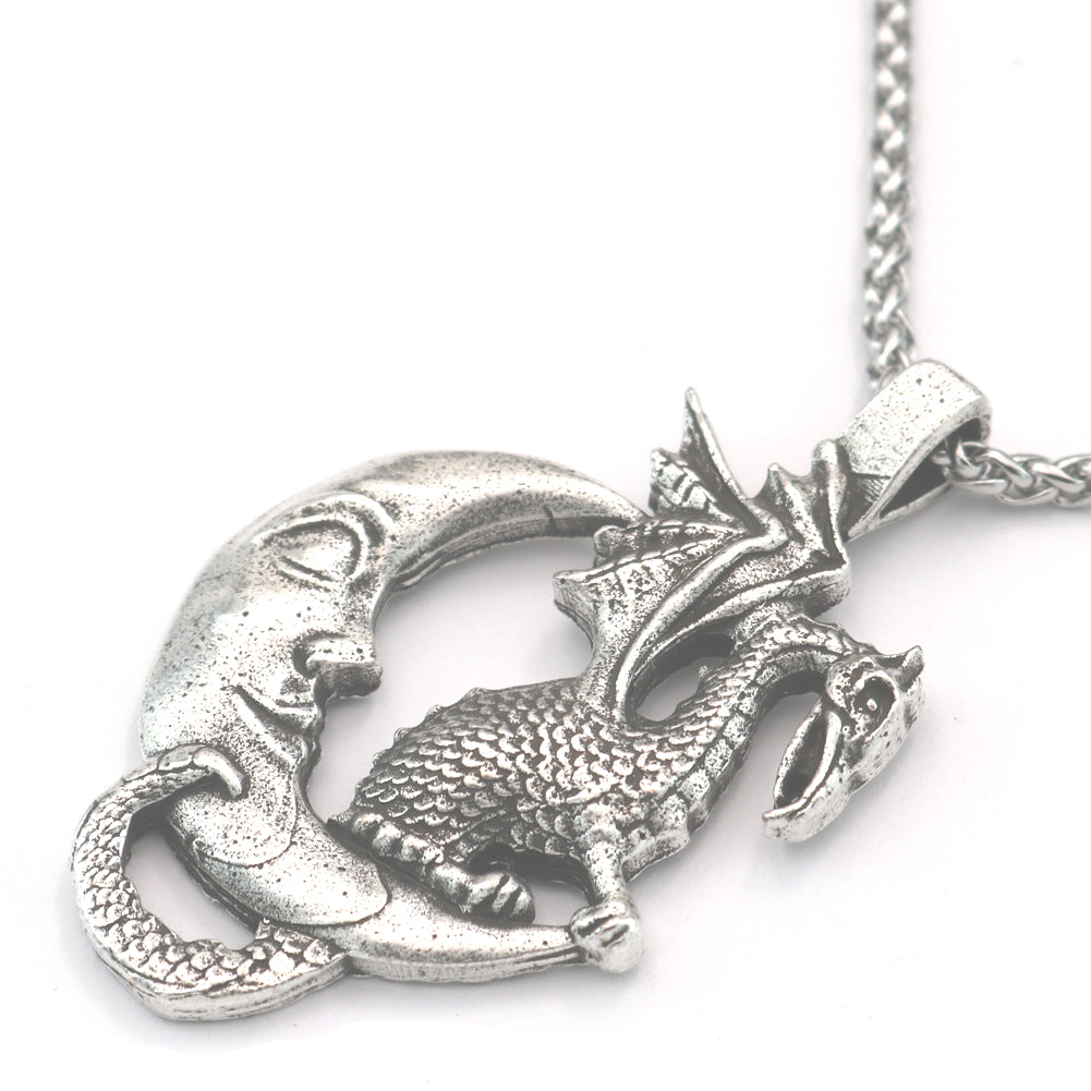 Mystical Viking Dragon Moon Necklace - Vintage Men's Jewelry