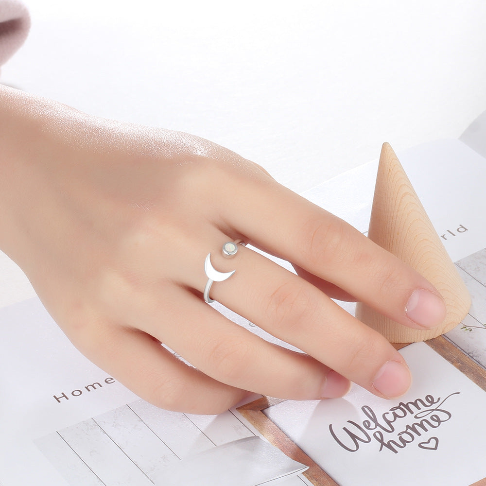 Moon and Round Opal Opening Sterling Silver Ring